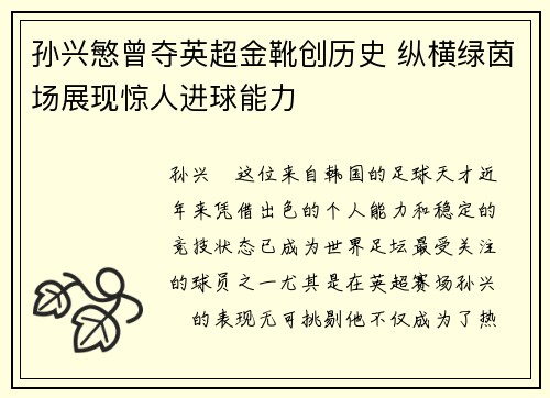 孙兴慜曾夺英超金靴创历史 纵横绿茵场展现惊人进球能力