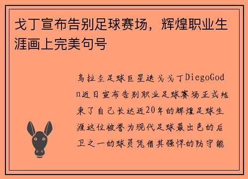 戈丁宣布告别足球赛场，辉煌职业生涯画上完美句号