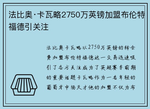 法比奥·卡瓦略2750万英镑加盟布伦特福德引关注